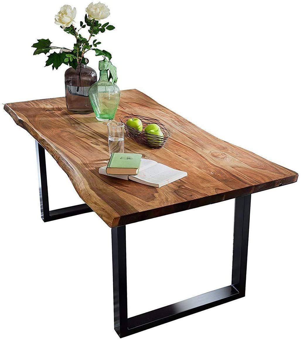 SAM Baumkantentisch 220x100 cm Quarto, Akazienholz massiv + nussbaumfarben, Esstisch mit schwarzem U-Gestell, Esszimmertisch/Holztisch Industrial-Design, Tischplatte 26 mm