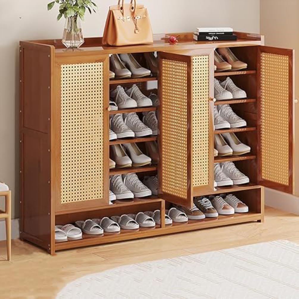 Schuhschrank aus Bambus mit Korbgeflecht-Türen, Schuhregal mit Stauraum, Moderner Schuhschrank für Flur, Wohnzimmer und Schlafzimmer