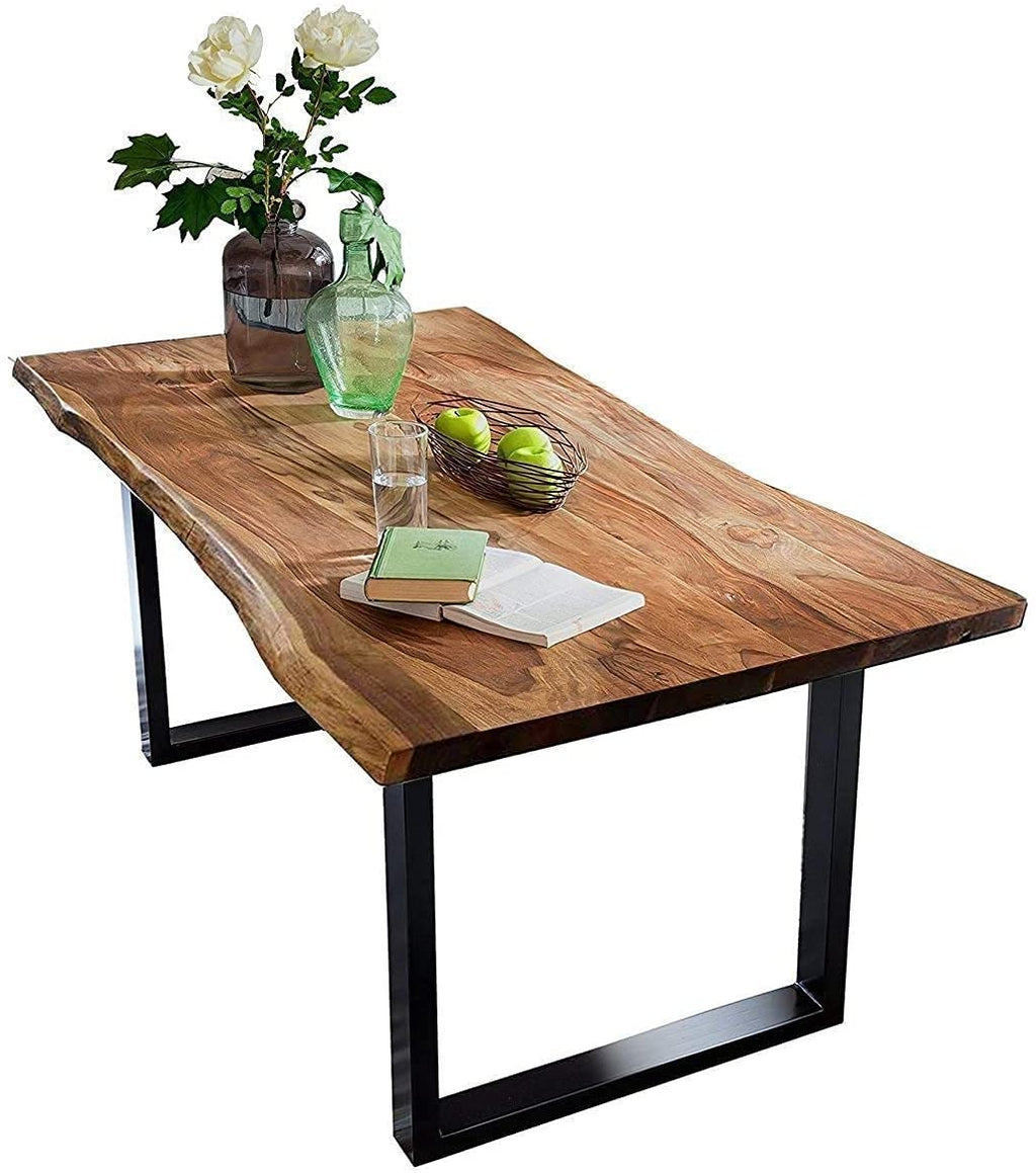 SAM Baumkantentisch 220x100 cm Quarto, Akazienholz massiv + nussbaumfarben, Esstisch mit schwarzem U-Gestell, Esszimmertisch/Holztisch Industrial-Design, Tischplatte 26 mm