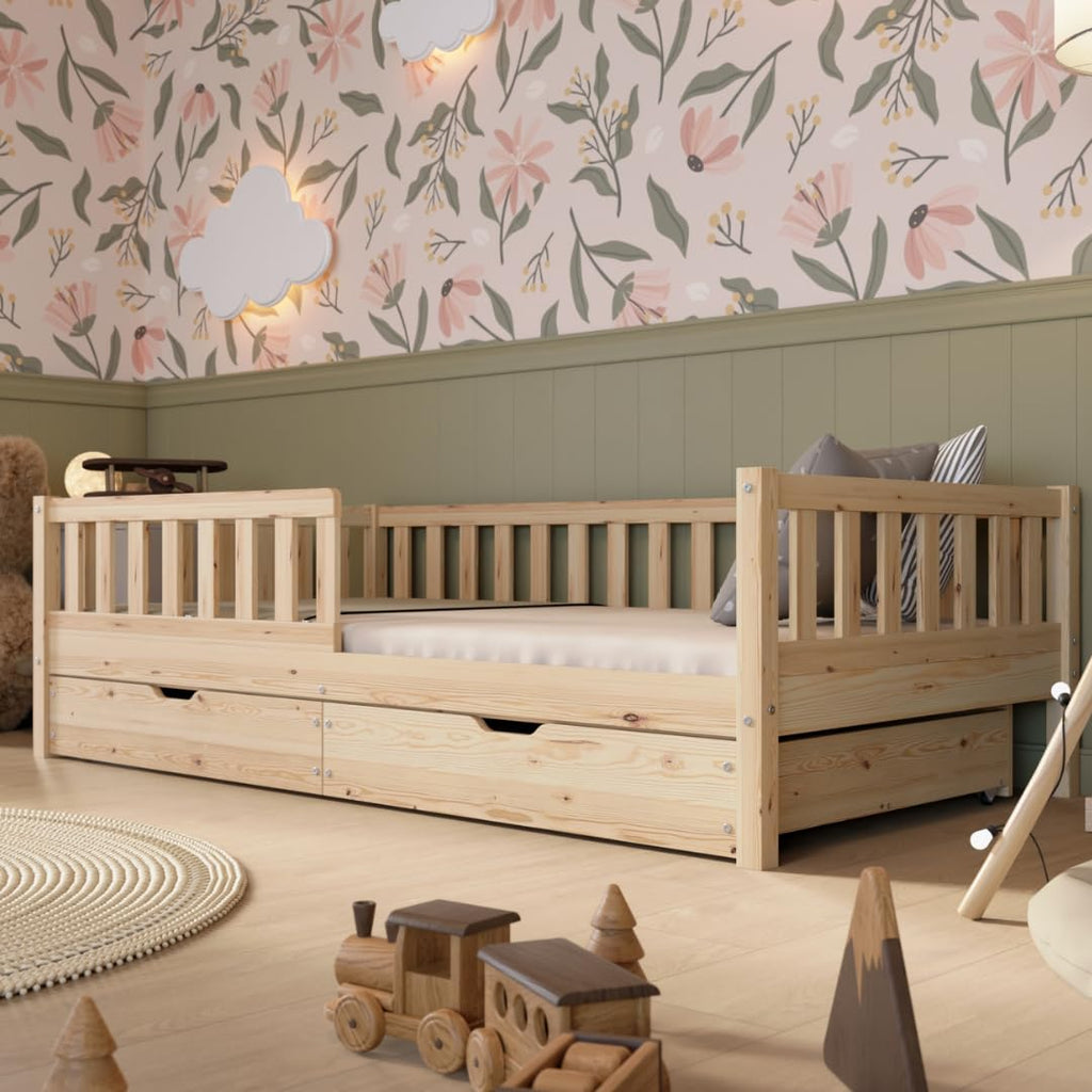 Crazy Pine Montessori Bodenbett Kinderbett Holz mit Schublade Rausfallschutz Skandinavisches Design