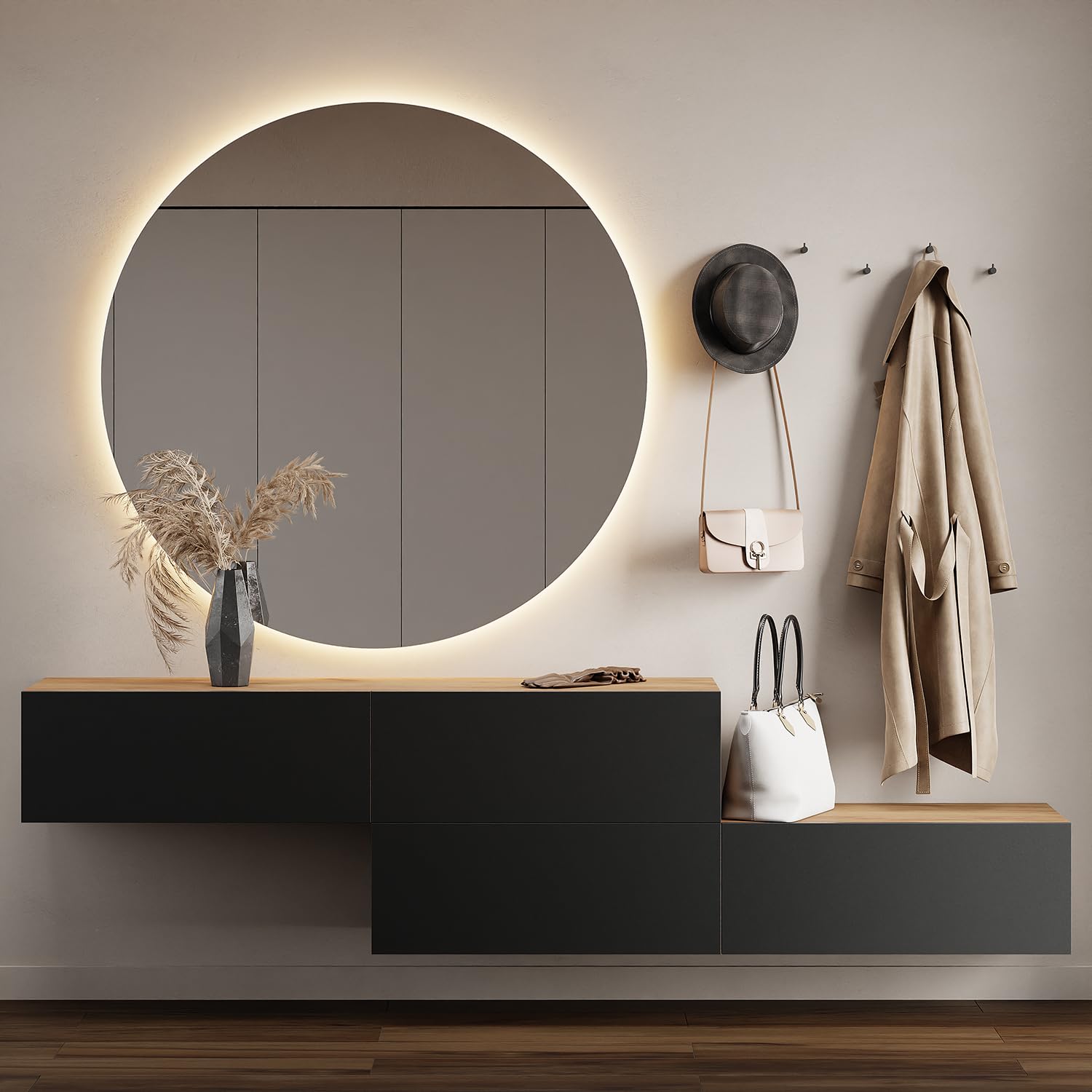 Planetmöbel Flur Garderobe mit Stauraum & Klappe – Hängeschrank Wandgarderobe Holzwerkstoff Gold Eiche Anthrazit