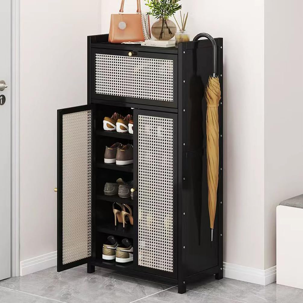 Schuhschrank aus Bambus mit Korbgeflecht-Türen, Schuhregal mit Stauraum, Moderner Schuhschrank für Flur, Wohnzimmer und Schlafzimmer