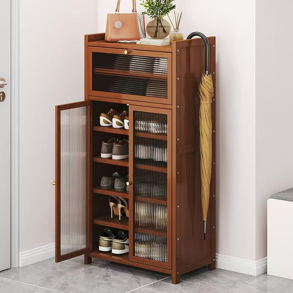 Schuhschrank aus Bambus mit Korbgeflecht-Türen, Schuhregal mit Stauraum, Moderner Schuhschrank für Flur, Wohnzimmer und Schlafzimmer