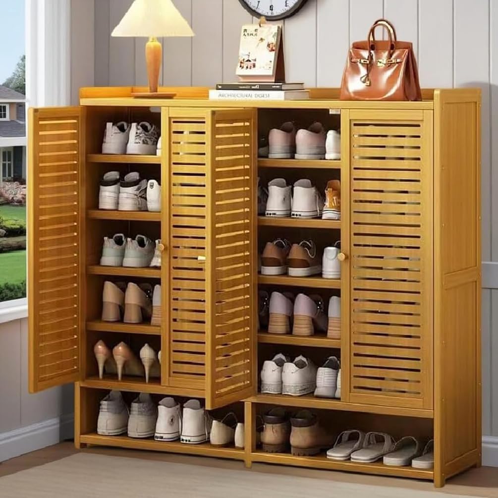 Schuhschrank aus Bambus mit Korbgeflecht-Türen, Schuhregal mit Stauraum, Moderner Schuhschrank für Flur, Wohnzimmer und Schlafzimmer