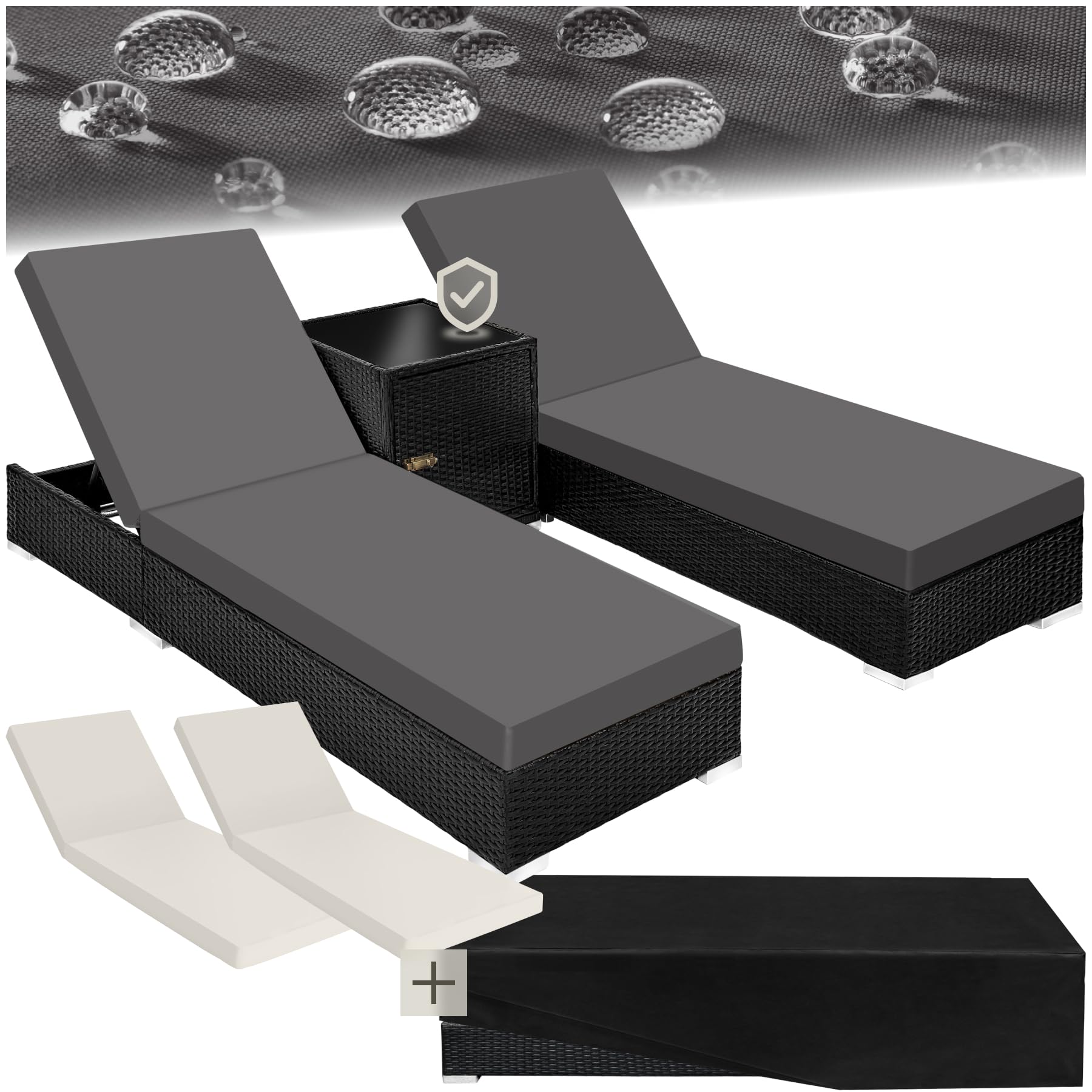 tectake 2er Gartenliege Set mit Tisch - Aluminium & Polyrattan Sonnenliegen, 5-fach Verstellbar, Schutzhülle inklusive