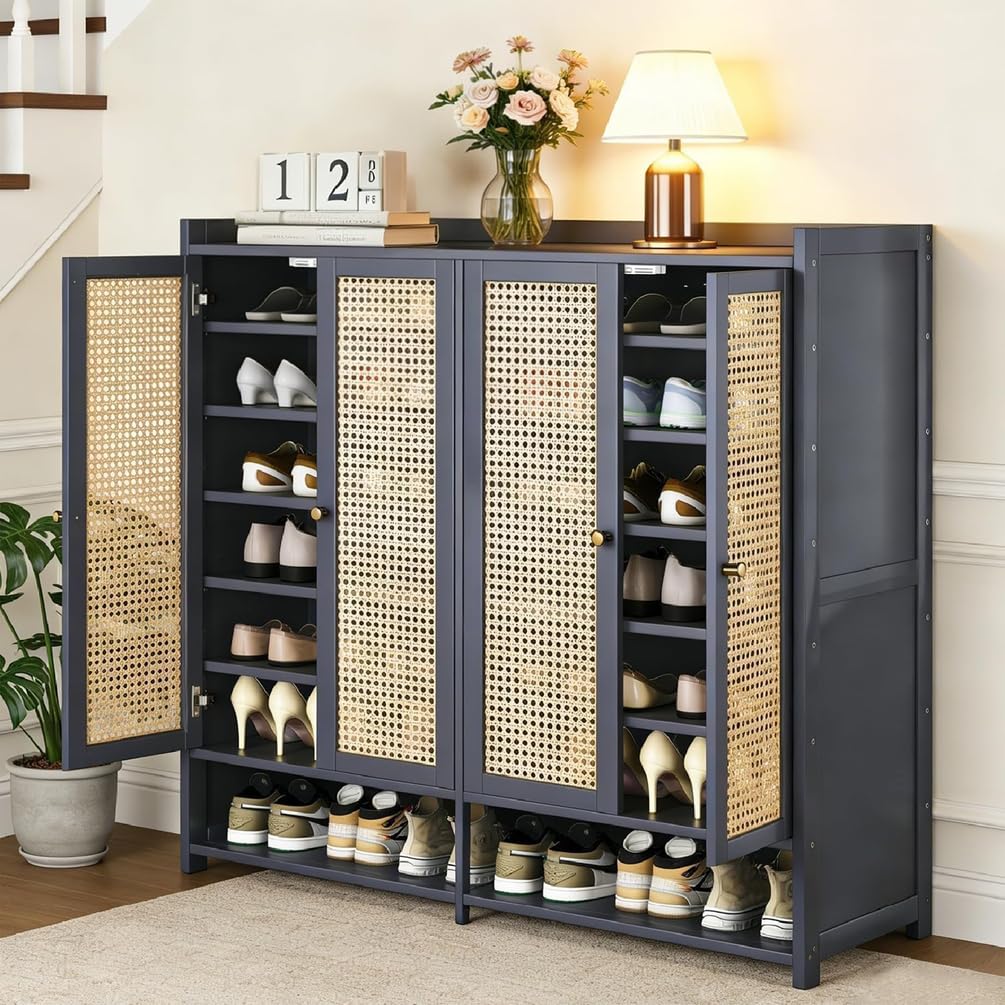 Schuhschrank aus Bambus mit Korbgeflecht-Türen, Schuhregal mit Stauraum, Moderner Schuhschrank für Flur, Wohnzimmer und Schlafzimmer