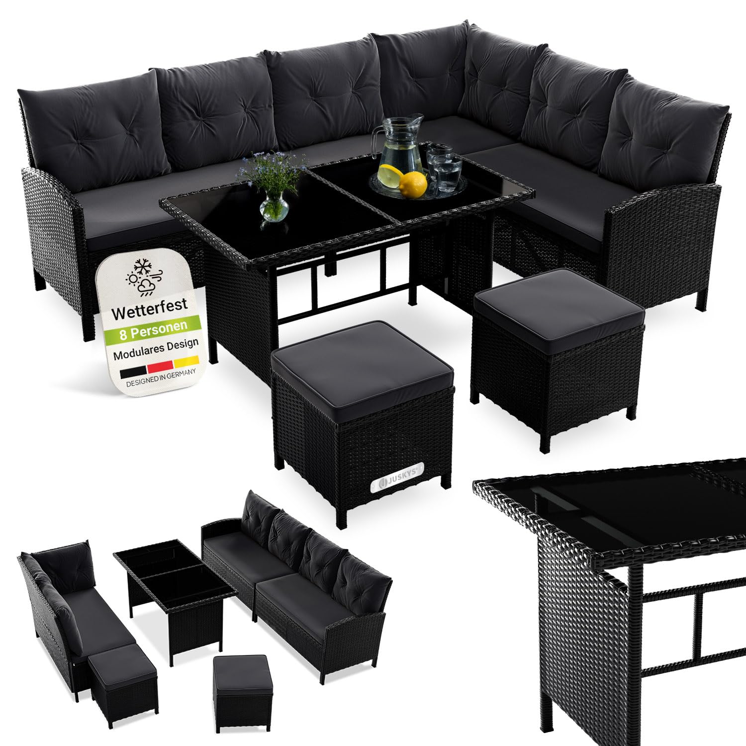 Juskys Polyrattan Gartenlounge Grau – Sitzgruppe mit Ecksofa, Tisch, Hocker, wetterfest, Outdoor Möbel Set