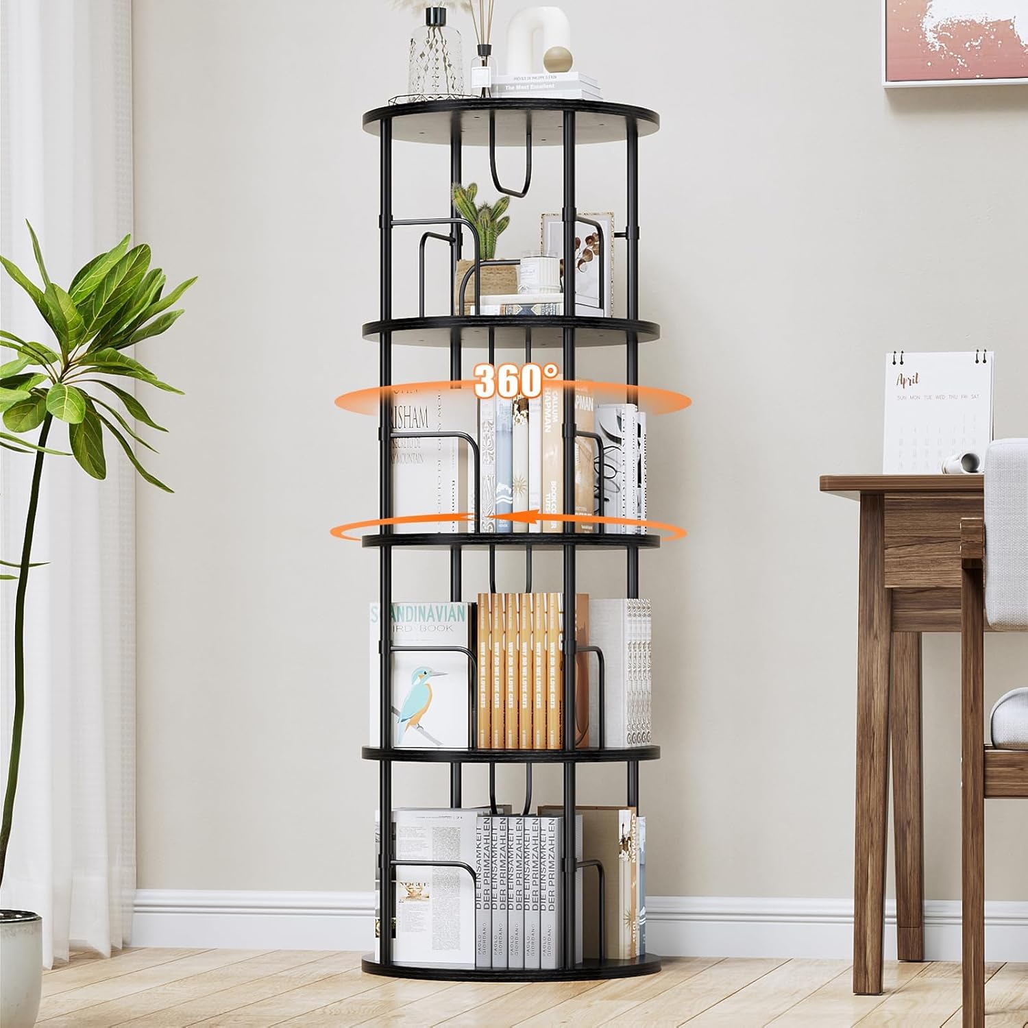360° Drehbares Bücherregal aus Holz, Rundes Standregal mit Verstellbaren Ebenen, Freistehendes Bücherregal für Wohnzimmer, Schlafzimmer und Büro
