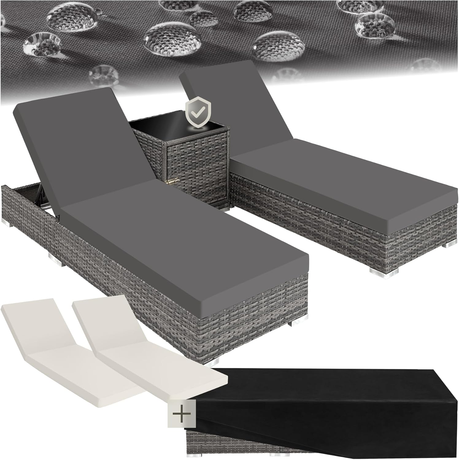 tectake 2er Gartenliege Set mit Tisch - Aluminium & Polyrattan Sonnenliegen, 5-fach Verstellbar, Schutzhülle inklusive