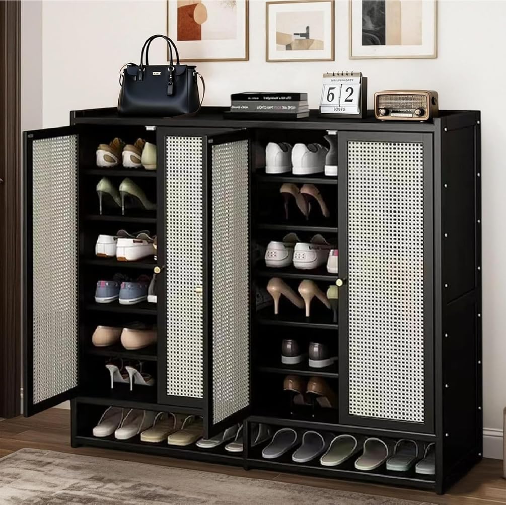 Schuhschrank aus Bambus mit Korbgeflecht-Türen, Schuhregal mit Stauraum, Moderner Schuhschrank für Flur, Wohnzimmer und Schlafzimmer