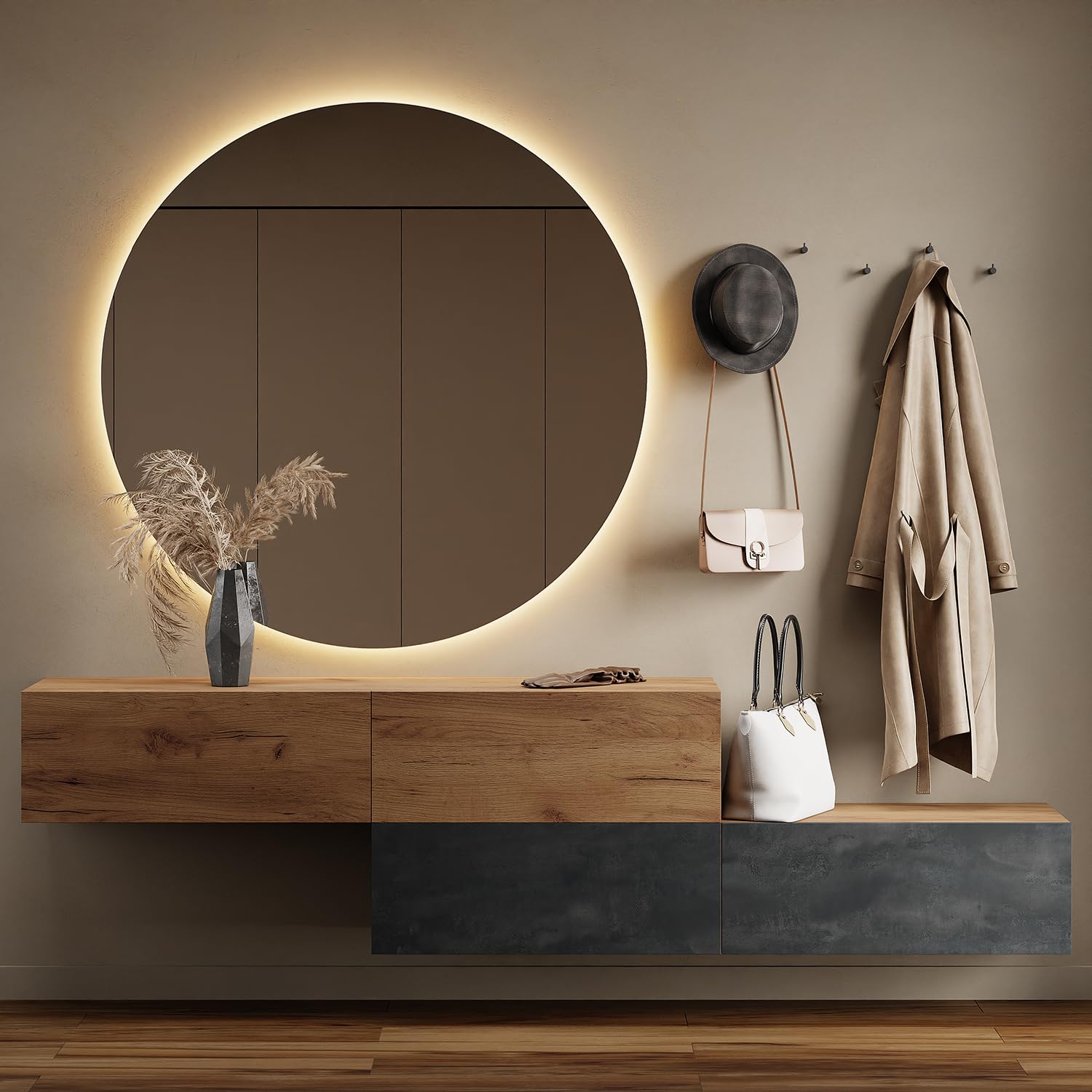 Planetmöbel Flur Garderobe mit Stauraum & Klappe – Hängeschrank Wandgarderobe Holzwerkstoff Gold Eiche Anthrazit
