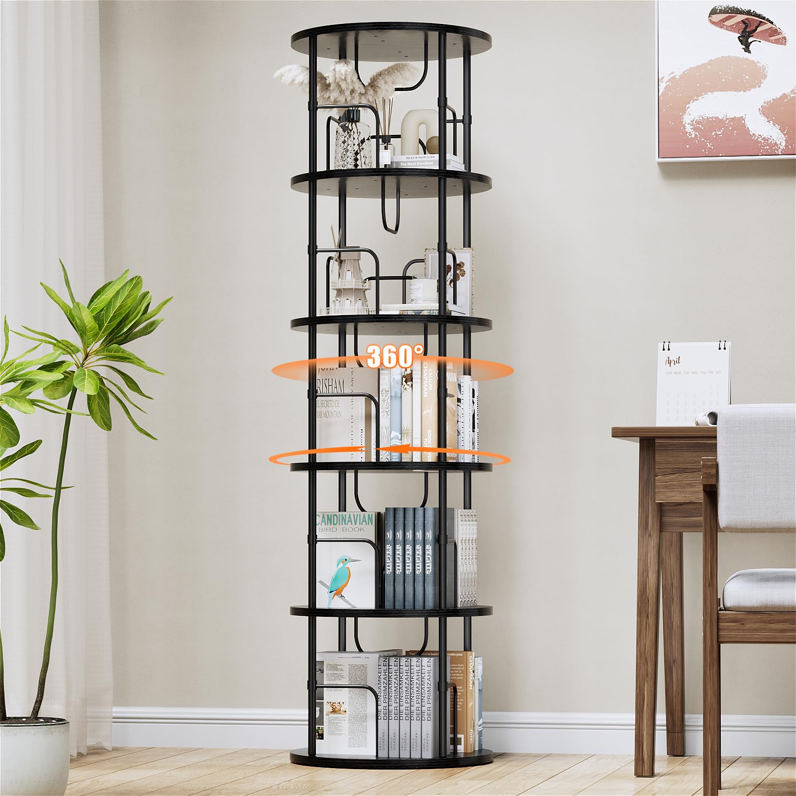 360° Drehbares Bücherregal aus Holz, Rundes Standregal mit Verstellbaren Ebenen, Freistehendes Bücherregal für Wohnzimmer, Schlafzimmer und Büro