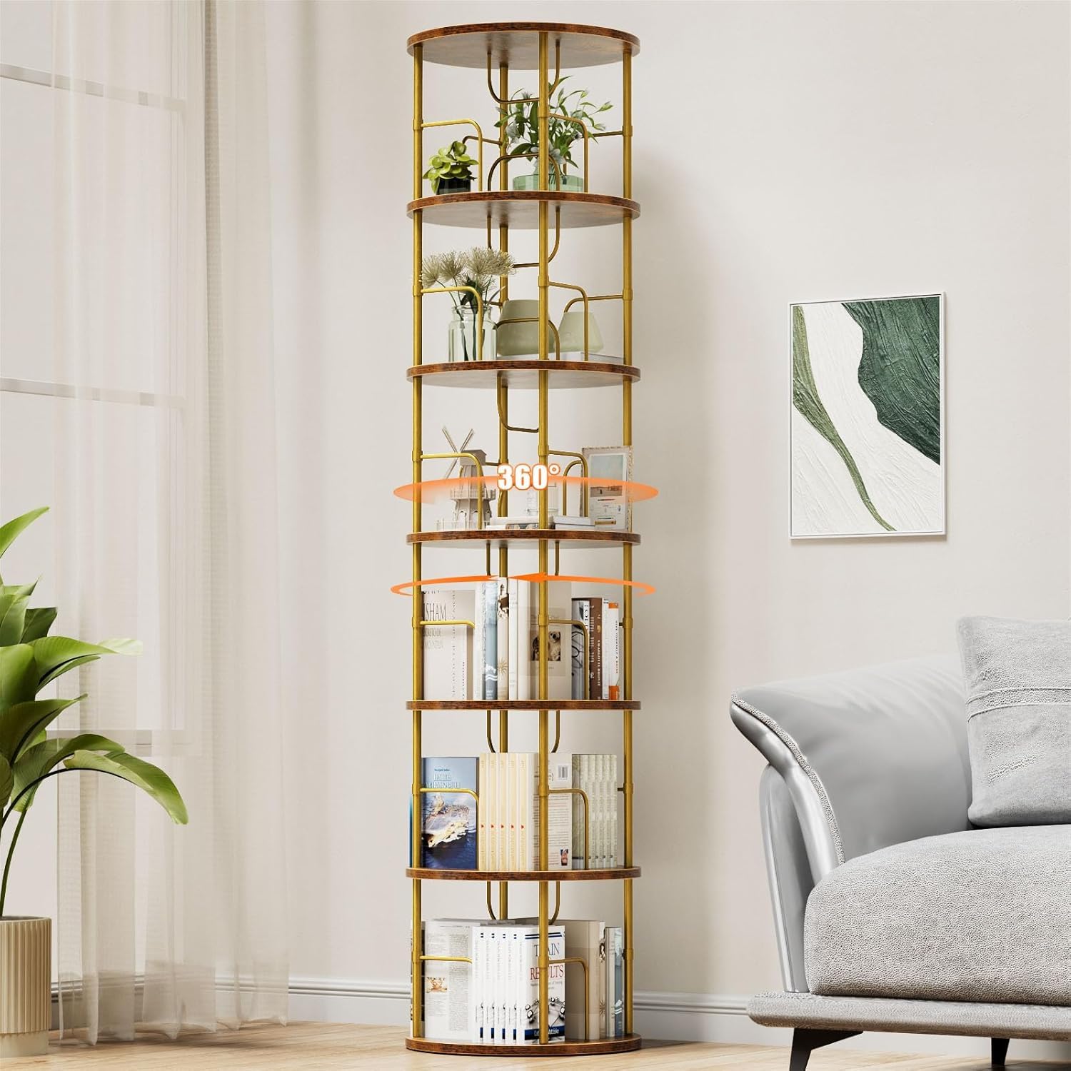 360° Drehbares Bücherregal aus Holz, Rundes Standregal mit Verstellbaren Ebenen, Freistehendes Bücherregal für Wohnzimmer, Schlafzimmer und Büro