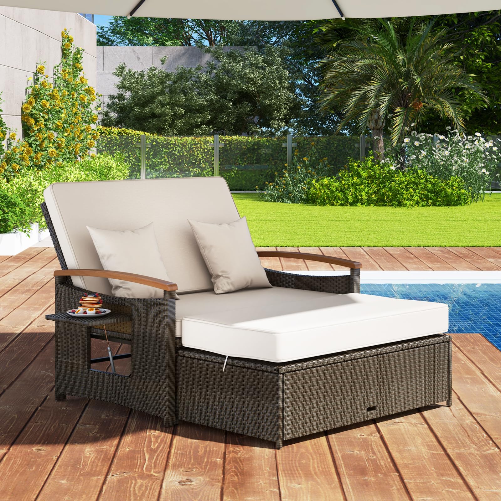 GIANTEX Rattan Lounge Gartenmöbel Set 2-Sitzer Doppelliege mit Hocker & Stauraum, Verstellbares Outdoor Sofa Balkon Terrasse
