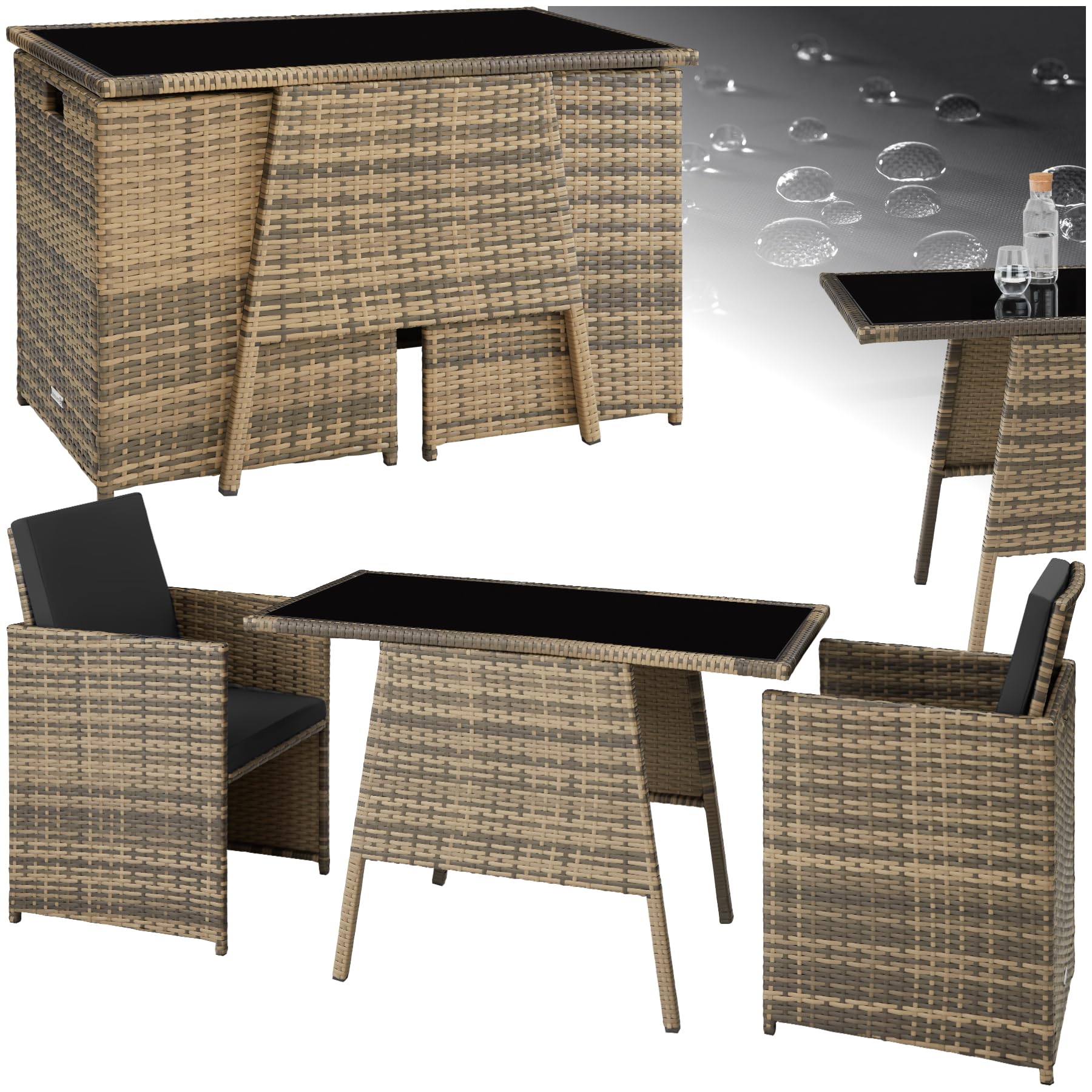 tectake® Poly Rattan Sitzgruppe für 2 Personen, Outdoor Möbel platzsparend zusammenschiebbar, 2 Sessel & 1 Tisch, ideales Balkon Lounge Set, Gartenmöbel, Terrassenmöbel wetterfest - hellgrau