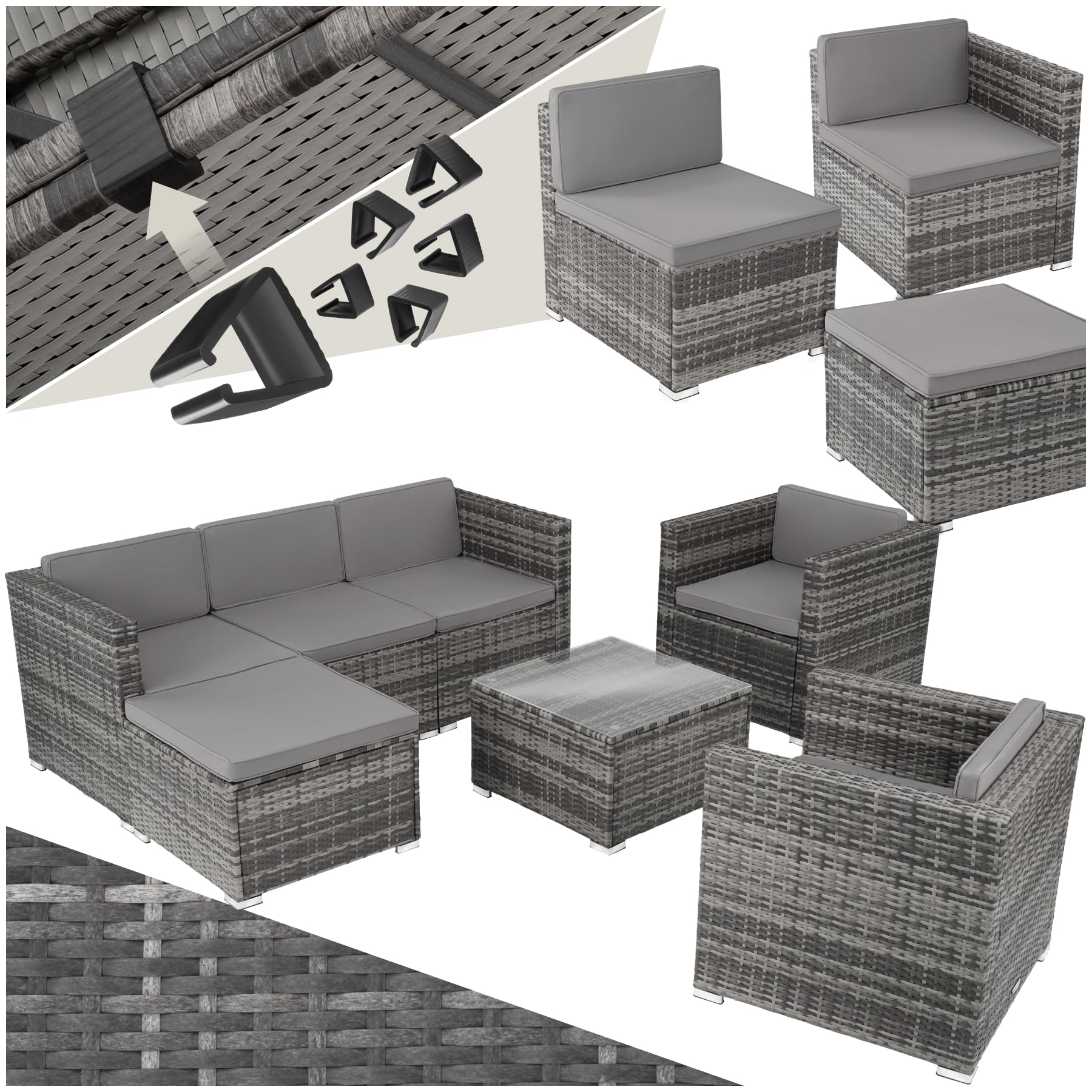 tectake Poly Rattan Lounge Gartenmöbel Set mit Sofa, Sesseln & Tisch – Wetterfeste Outdoor Sitzgruppe