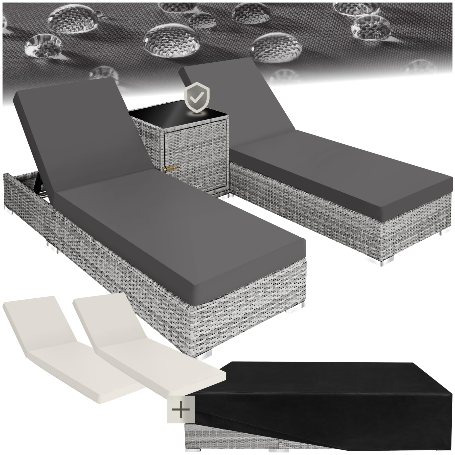 tectake 2er Gartenliege Set mit Tisch - Aluminium & Polyrattan Sonnenliegen, 5-fach Verstellbar, Schutzhülle inklusive