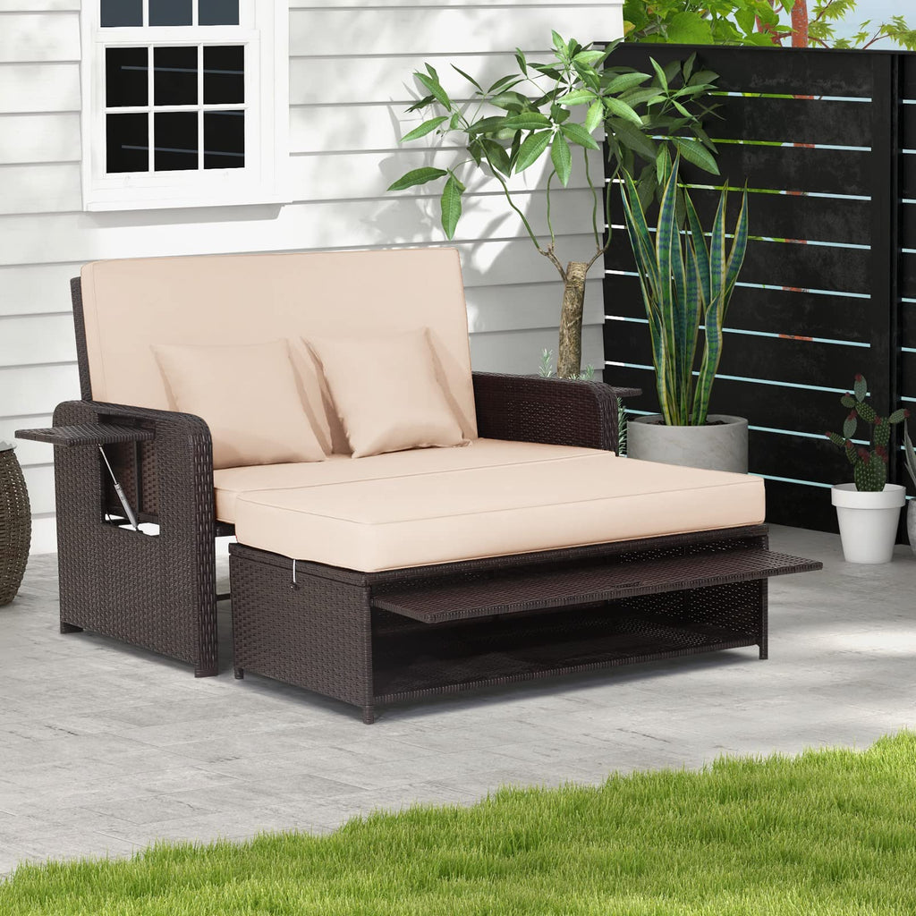 GIANTEX Rattan Lounge Gartenmöbel Set 2-Sitzer Doppelliege mit Hocker & Stauraum, Verstellbares Outdoor Sofa Balkon Terrasse