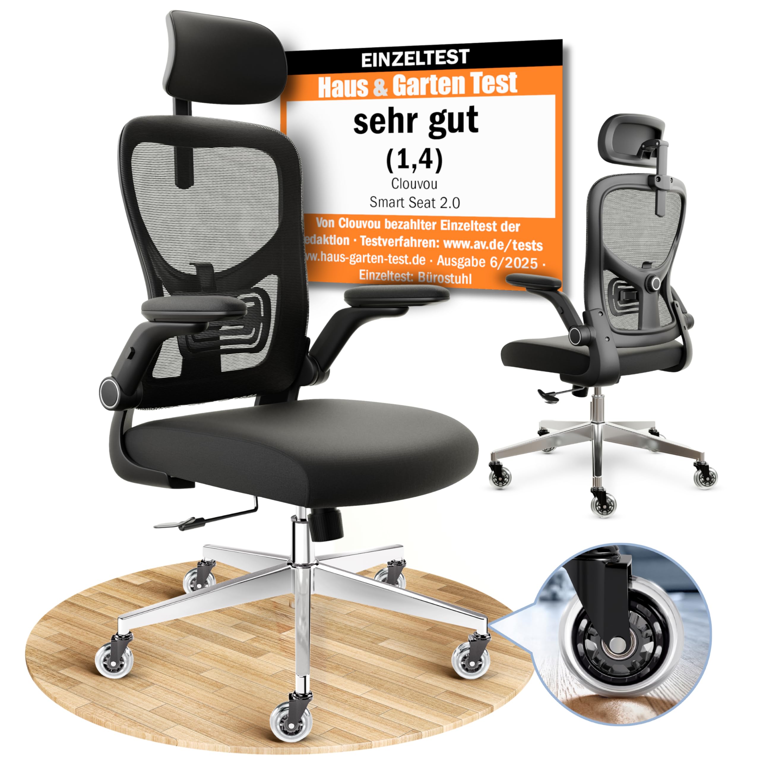 CLOUVOU BrightSeat Bürostuhl Ergonomisch Schwarz bis 150 kg mit Kopfstütze, Lendenstütze, 2D Armlehnen, Drehstuhl