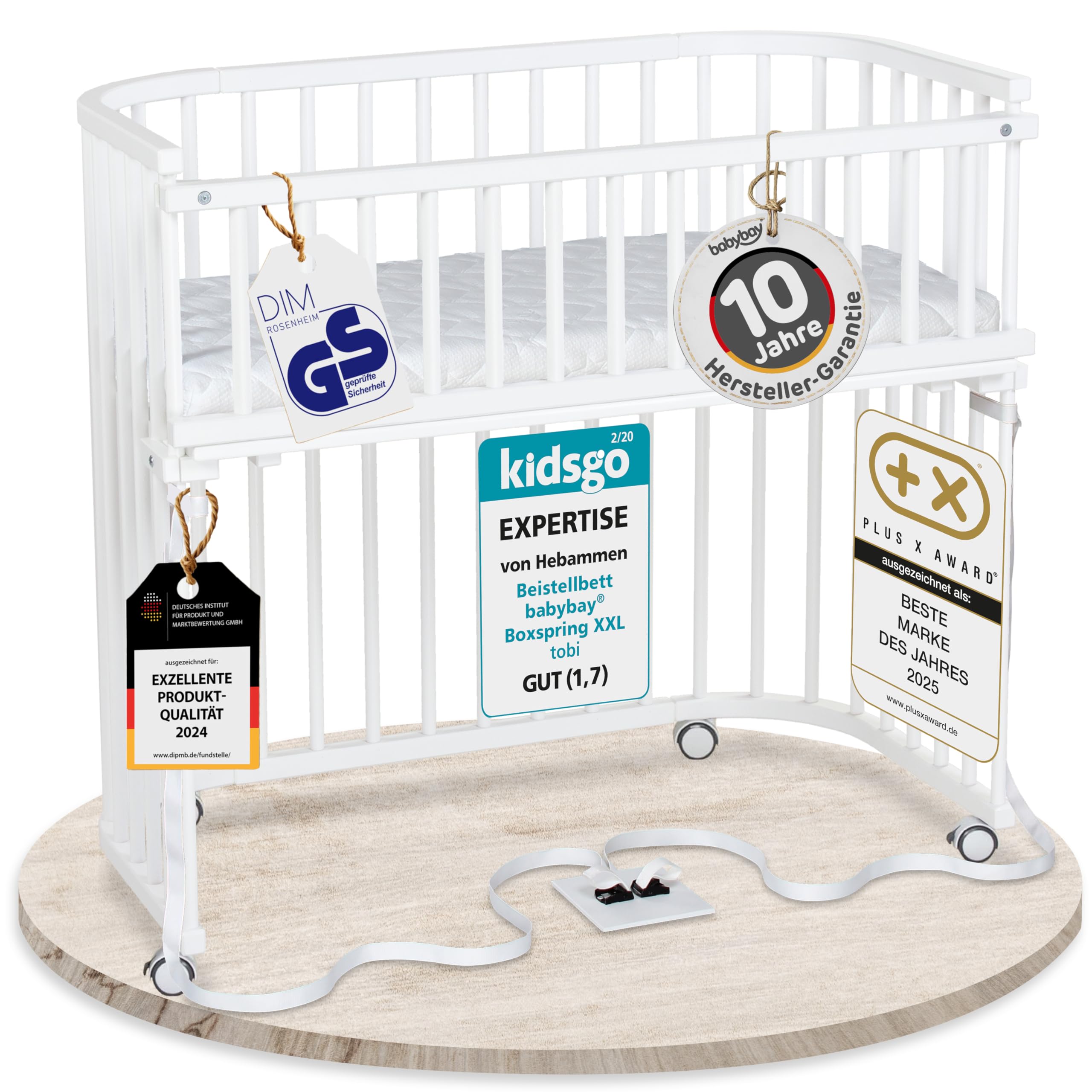 babybay Original Beistellbett aus massivem Buchenholz mit Matratze – Höhenverstellbares mitwachsendes Babybett