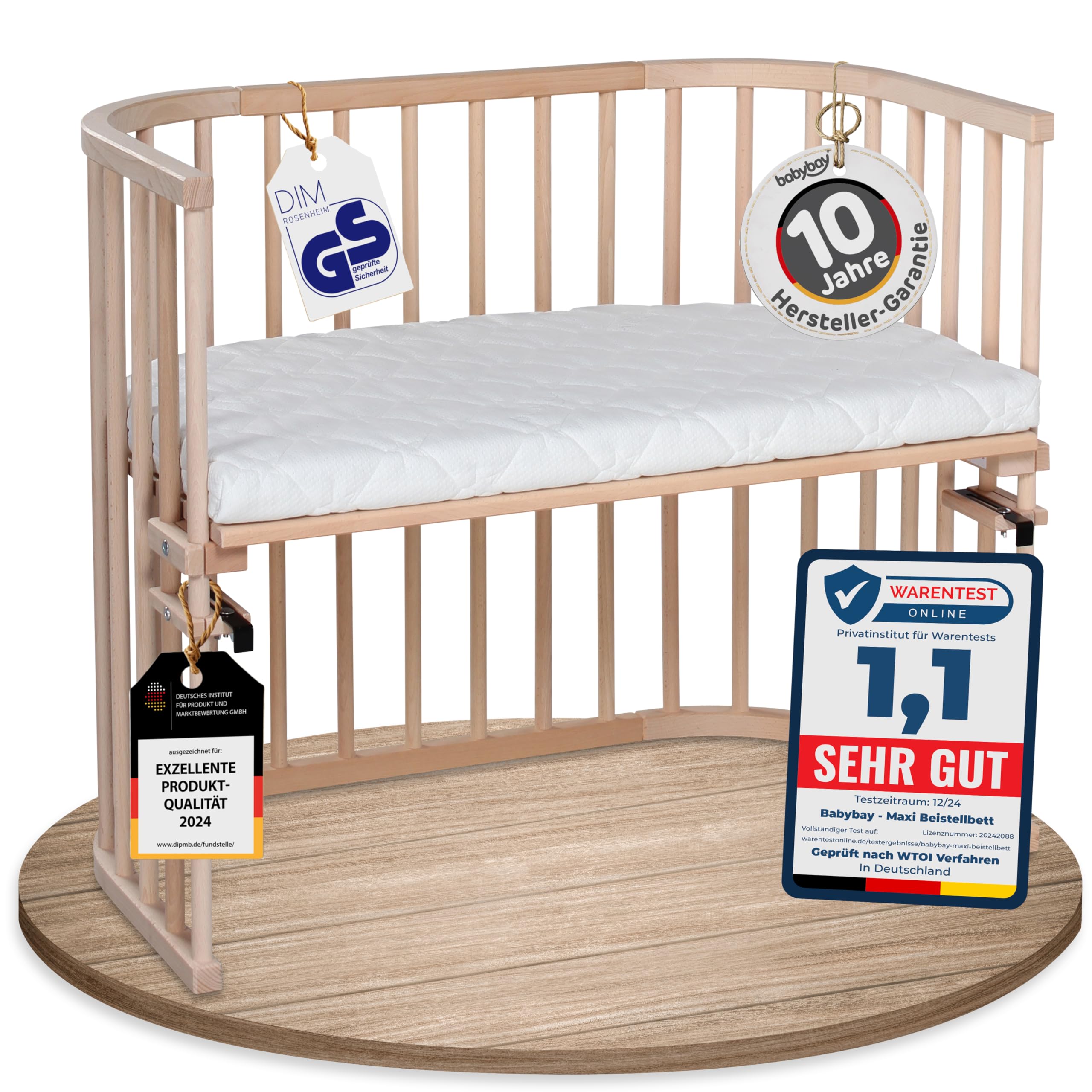 babybay Original Beistellbett aus massivem Buchenholz mit Matratze – Höhenverstellbares mitwachsendes Babybett