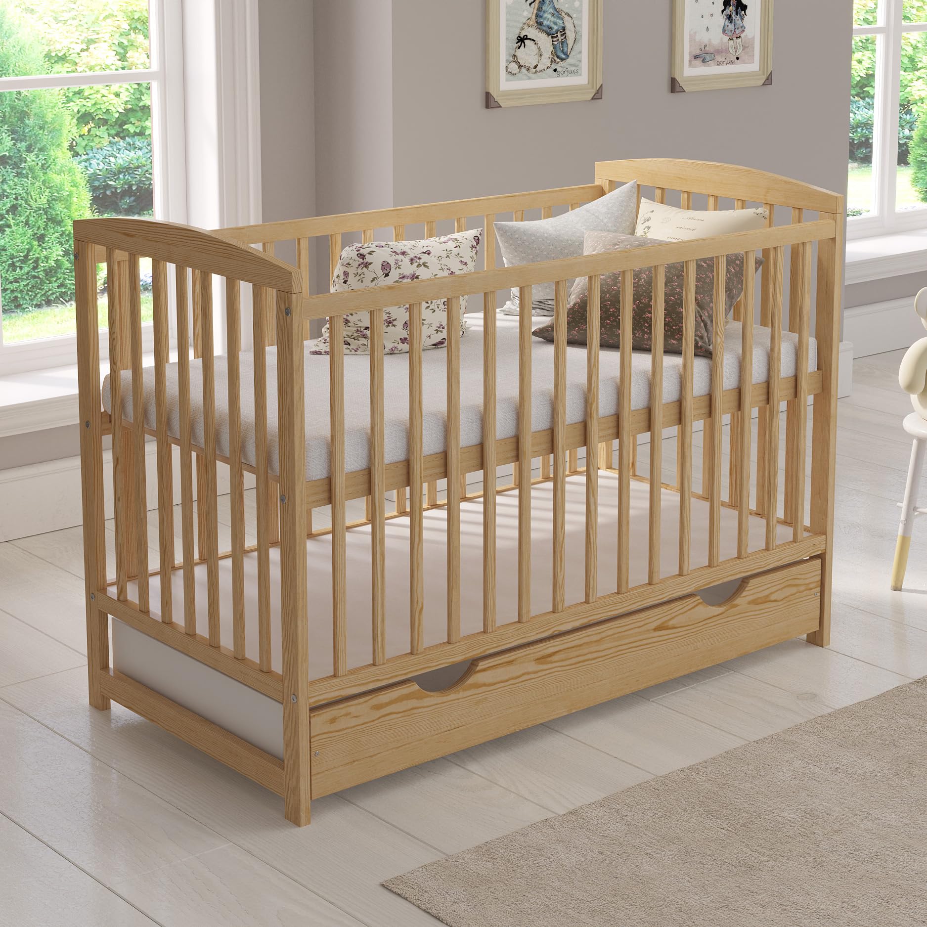 Love For Sleep Babybett 120x60 mit Matratze & Schublade, Höhenverstellbares Kinderbett aus Kiefernholz