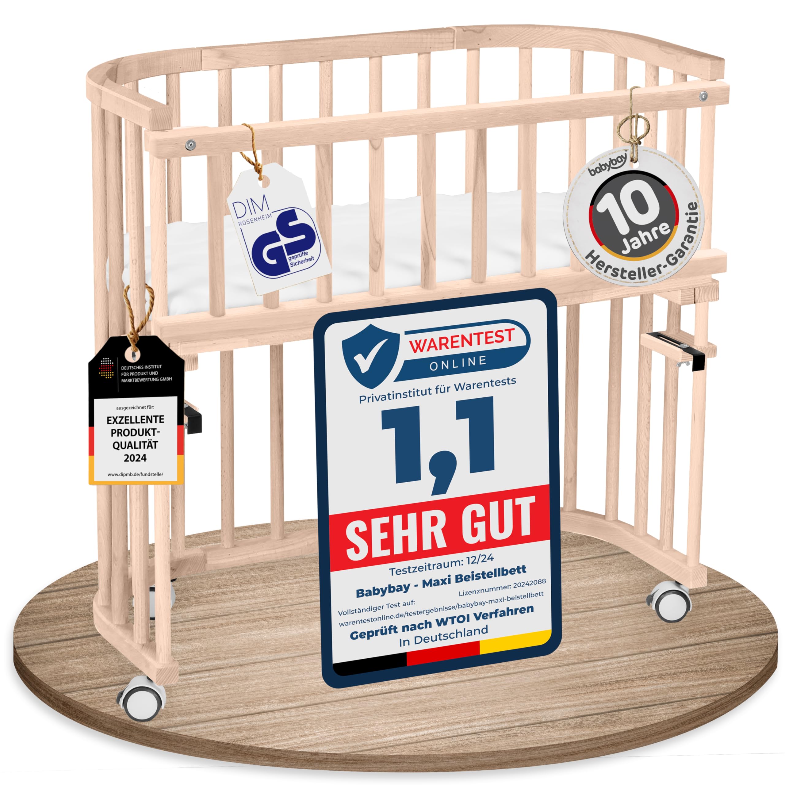 babybay Original Beistellbett aus massivem Buchenholz mit Matratze – Höhenverstellbares mitwachsendes Babybett