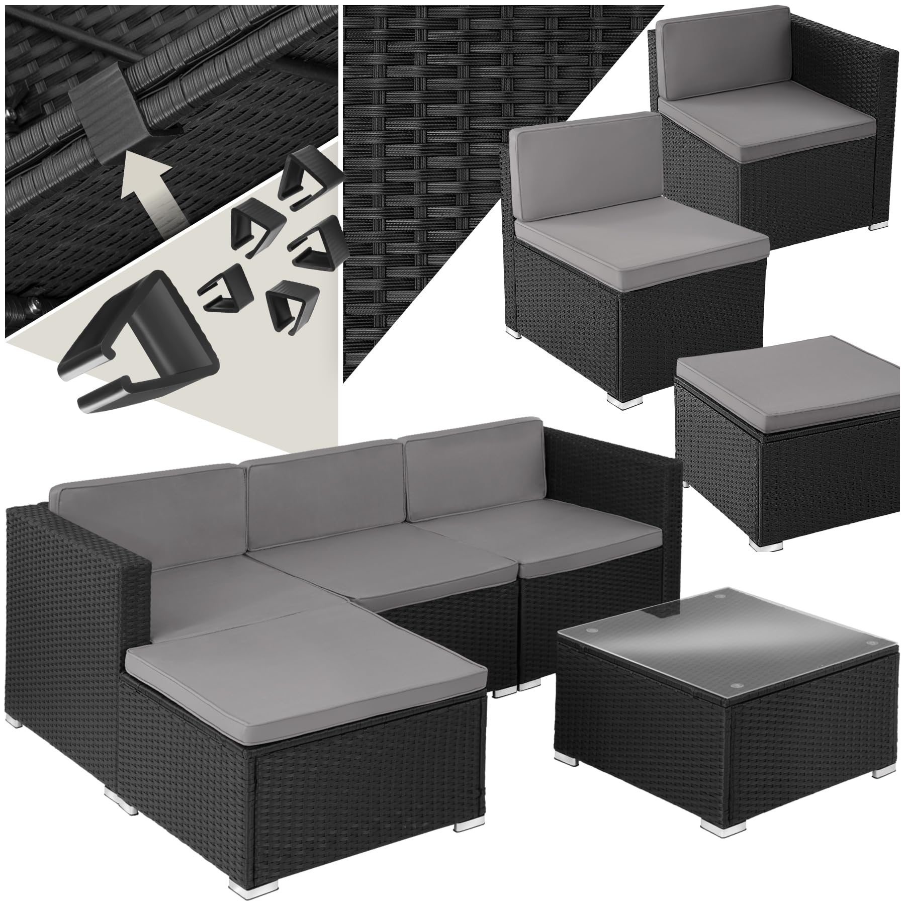 tectake Poly Rattan Lounge Gartenmöbel Set mit Sofa, Sesseln & Tisch – Wetterfeste Outdoor Sitzgruppe
