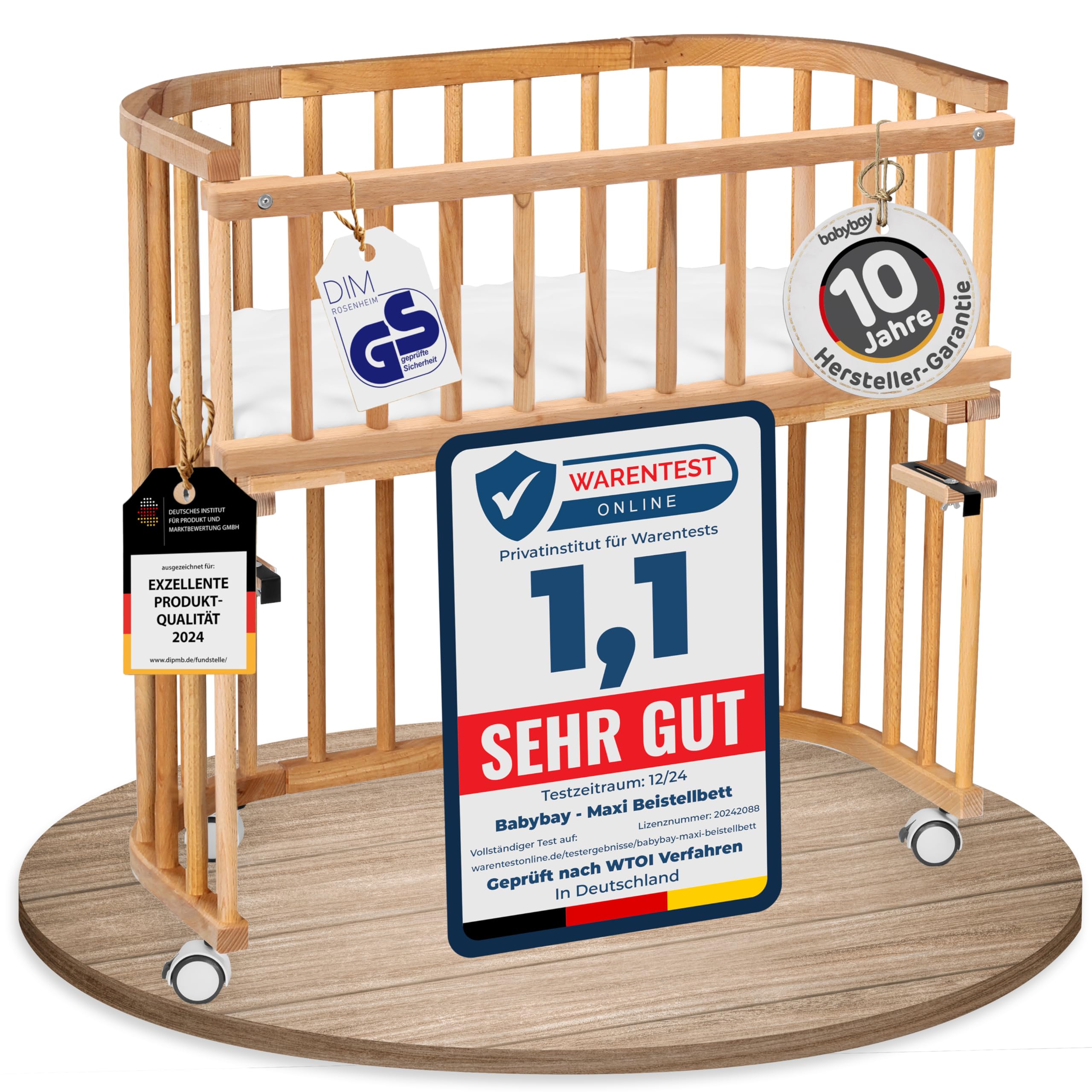 babybay Original Beistellbett aus massivem Buchenholz mit Matratze – Höhenverstellbares mitwachsendes Babybett