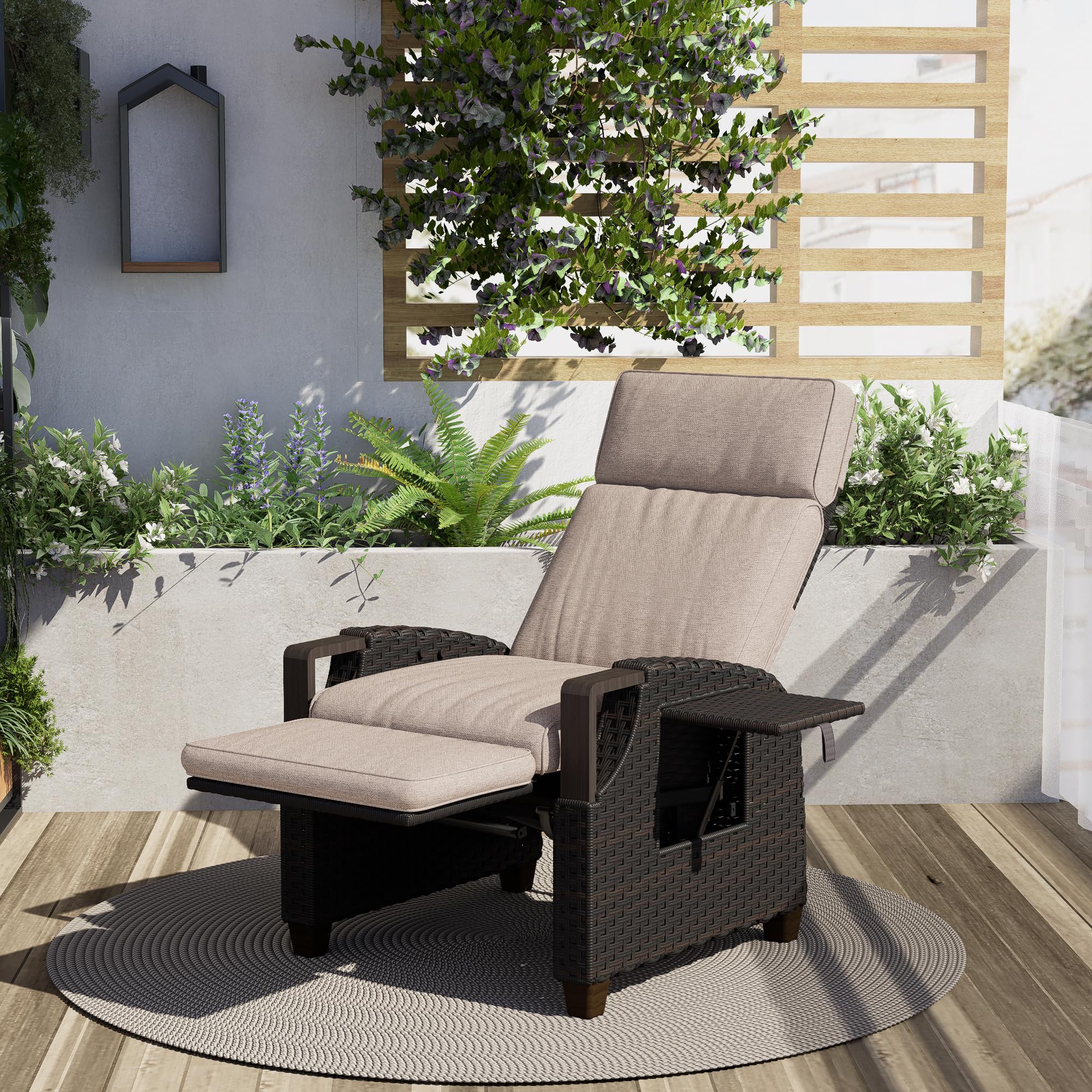 Grand patio Relaxliege Rattan Sonnenliege mit Verstellbarer Rückenlehne & Sitzkissen, Outdoor Liegesessel Braun/Dunkelgrau
